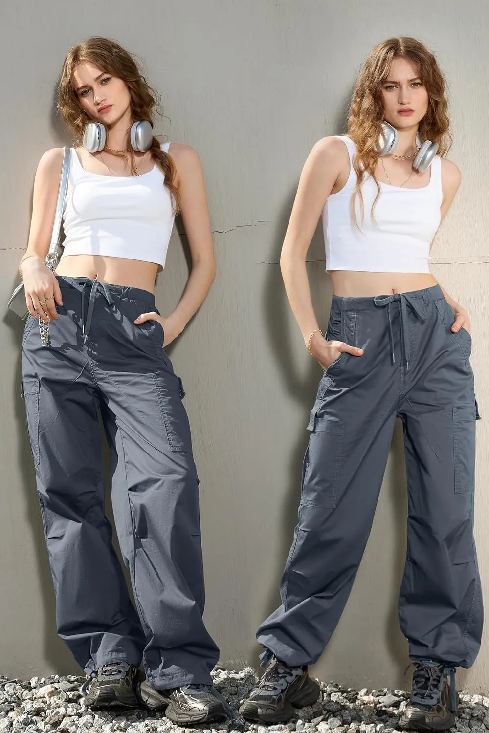 IVIR Cargo Pants Women Parachute Pants for Women Baggy High Waisted Pants with 6 Pockets Y2K Streetwear Joggers Trousers