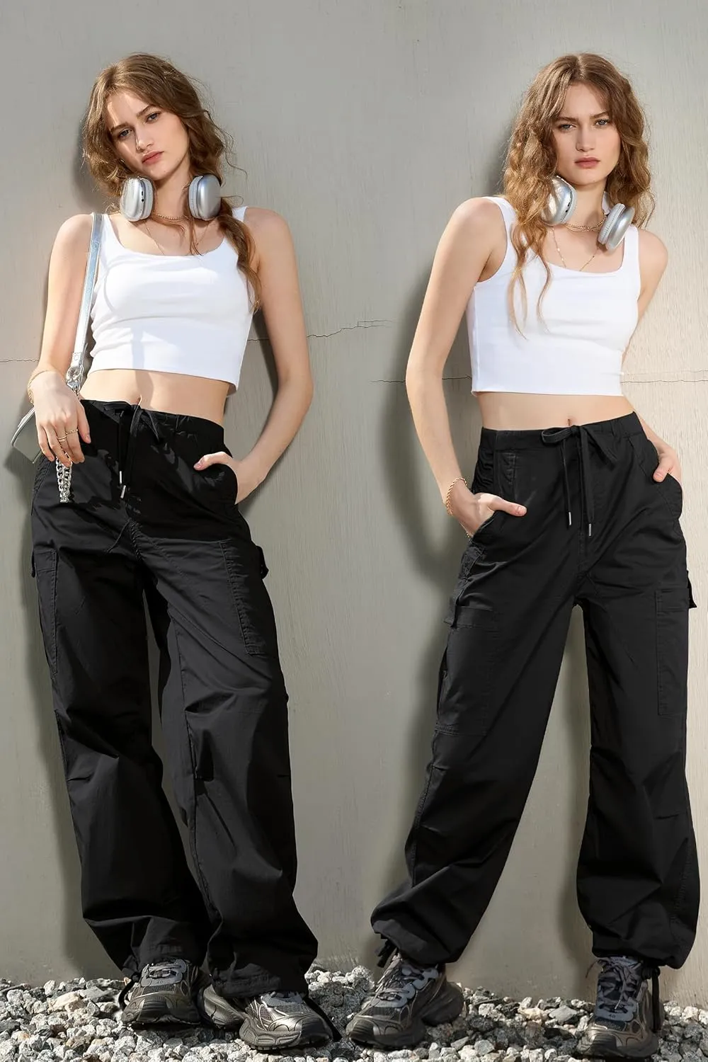 IVIR Cargo Pants Women Parachute Pants for Women Baggy High Waisted Pants with 6 Pockets Y2K Streetwear Joggers Trousers