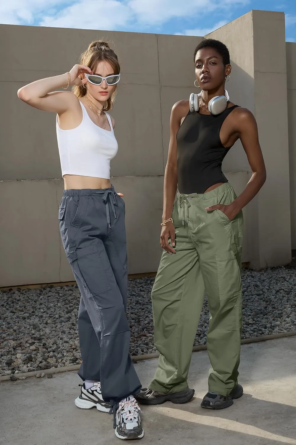 IVIR Cargo Pants Women Parachute Pants for Women Baggy High Waisted Pants with 6 Pockets Y2K Streetwear Joggers Trousers