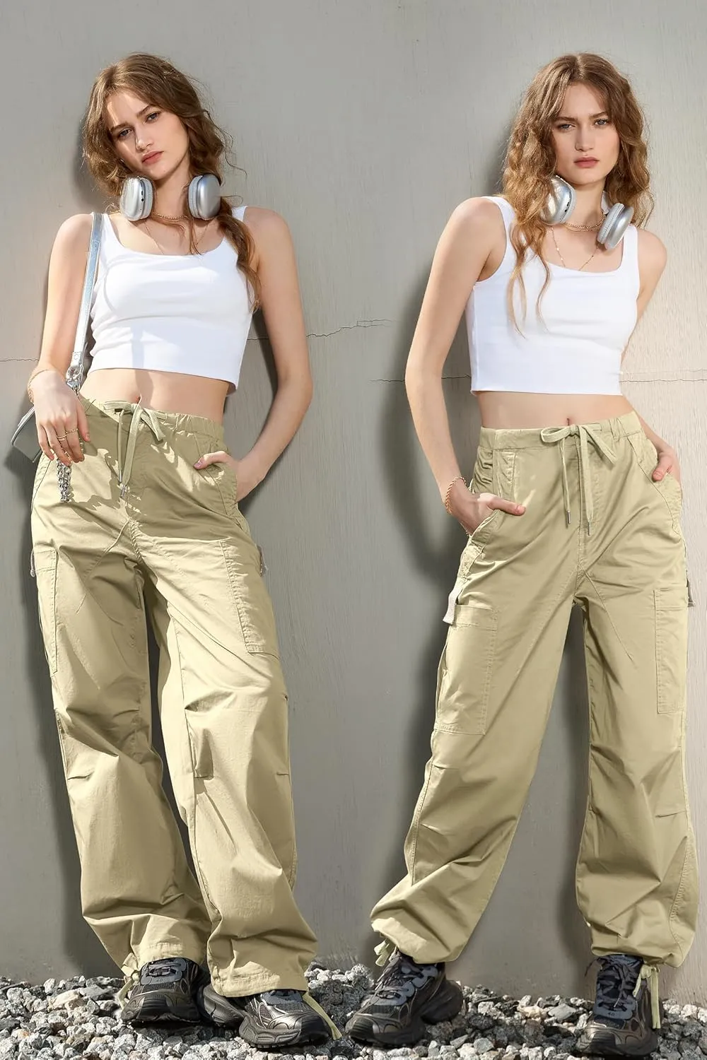 IVIR Cargo Pants Women Parachute Pants for Women Baggy High Waisted Pants with 6 Pockets Y2K Streetwear Joggers Trousers