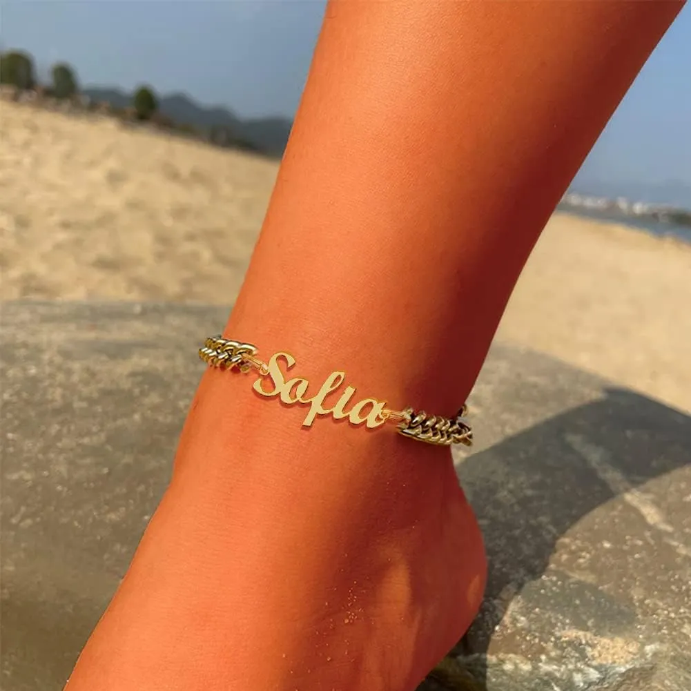 Jecivila Personalized Cuban Link Anklets for Women 18K Gold Plate Name Anklet with Initials Customized Ankle Bracelets for Women Girls 8.7-10.7
