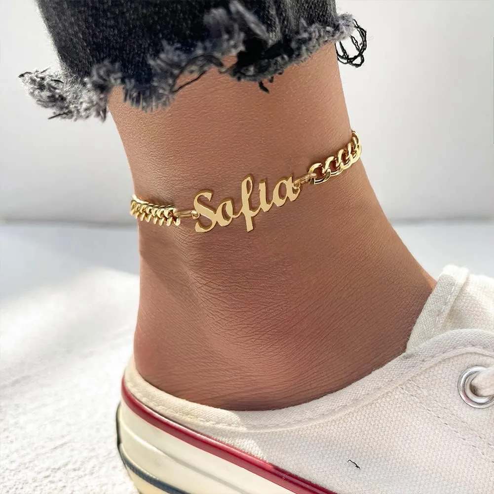 Jecivila Personalized Cuban Link Anklets for Women 18K Gold Plate Name Anklet with Initials Customized Ankle Bracelets for Women Girls 8.7-10.7