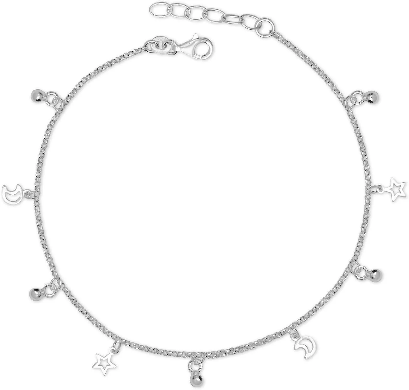 JewelryWeb Italian Sterling Silver 10-Inch Dangling Small Moon and Star Rolo Anklet - White