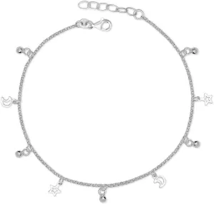 JewelryWeb Italian Sterling Silver 10-Inch Dangling Small Moon and Star Rolo Anklet - White