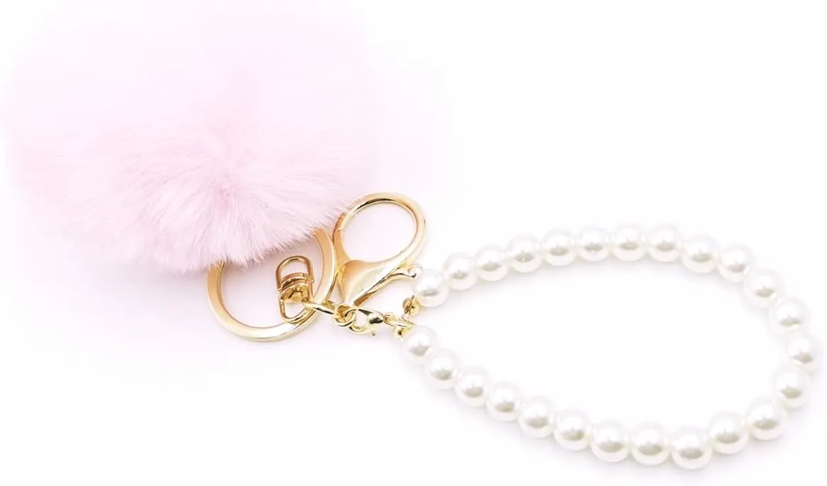jtkdxqs Soft Pom Pom Key Chains Bag Accessory Puff Ball Key Ring with Pearl Wristlet Bracelet Keychain for Women