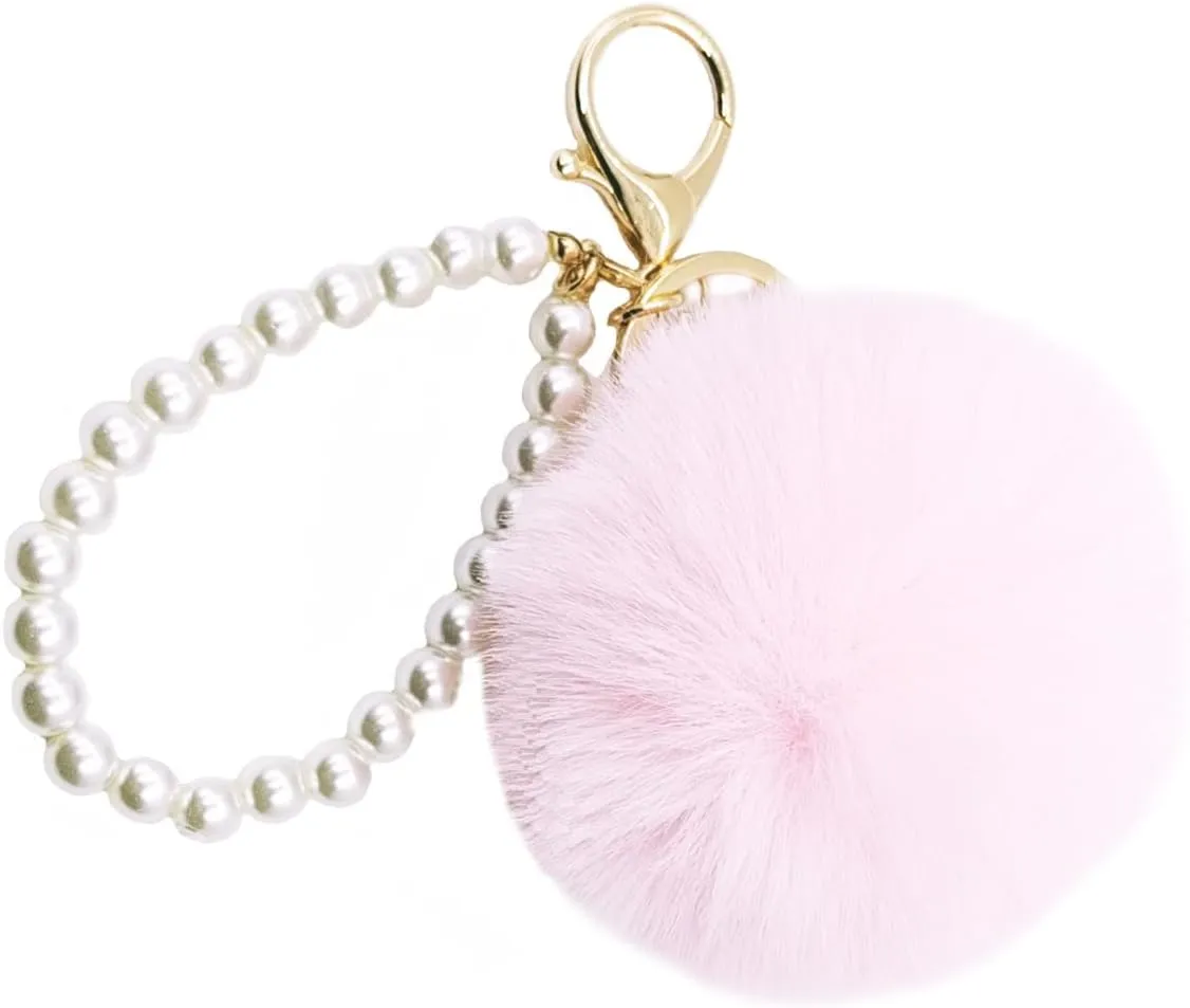 jtkdxqs Soft Pom Pom Key Chains Bag Accessory Puff Ball Key Ring with Pearl Wristlet Bracelet Keychain for Women
