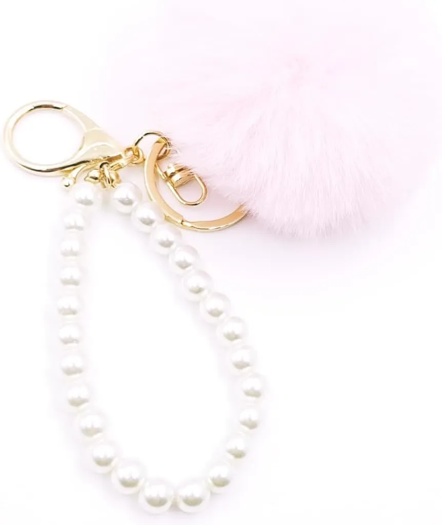 jtkdxqs Soft Pom Pom Key Chains Bag Accessory Puff Ball Key Ring with Pearl Wristlet Bracelet Keychain for Women