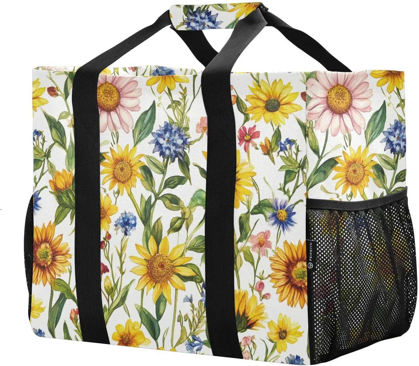JUNZAN Sunflower Large Utility Tote Bag For Women Foldable Beach Bags Sandproof Reusable Bags For Groceries with Handles Carrier Bags