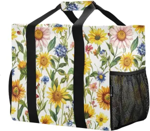 JUNZAN Sunflower Large Utility Tote Bag For Women Foldable Beach Bags Sandproof Reusable Bags For Groceries with Handles Carrier Bags