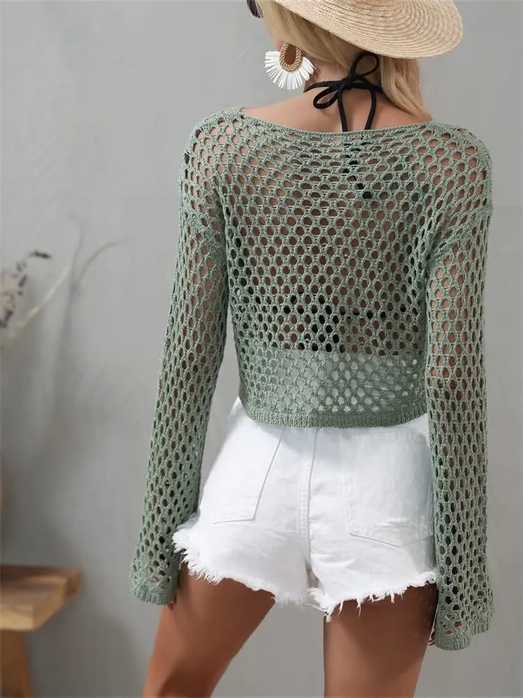 KEOMUD Women Mesh Crochet Crop Top Long Sleeve Hollow Out Knit Sweater Bikini Beach See Through Cover Ups