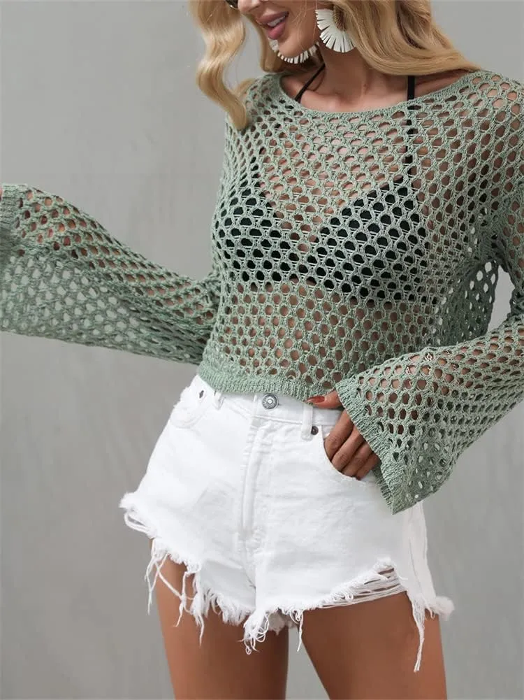 KEOMUD Women Mesh Crochet Crop Top Long Sleeve Hollow Out Knit Sweater Bikini Beach See Through Cover Ups