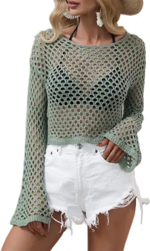 KEOMUD Women Mesh Crochet Crop Top Long Sleeve Hollow Out Knit Sweater Bikini Beach See Through Cover Ups