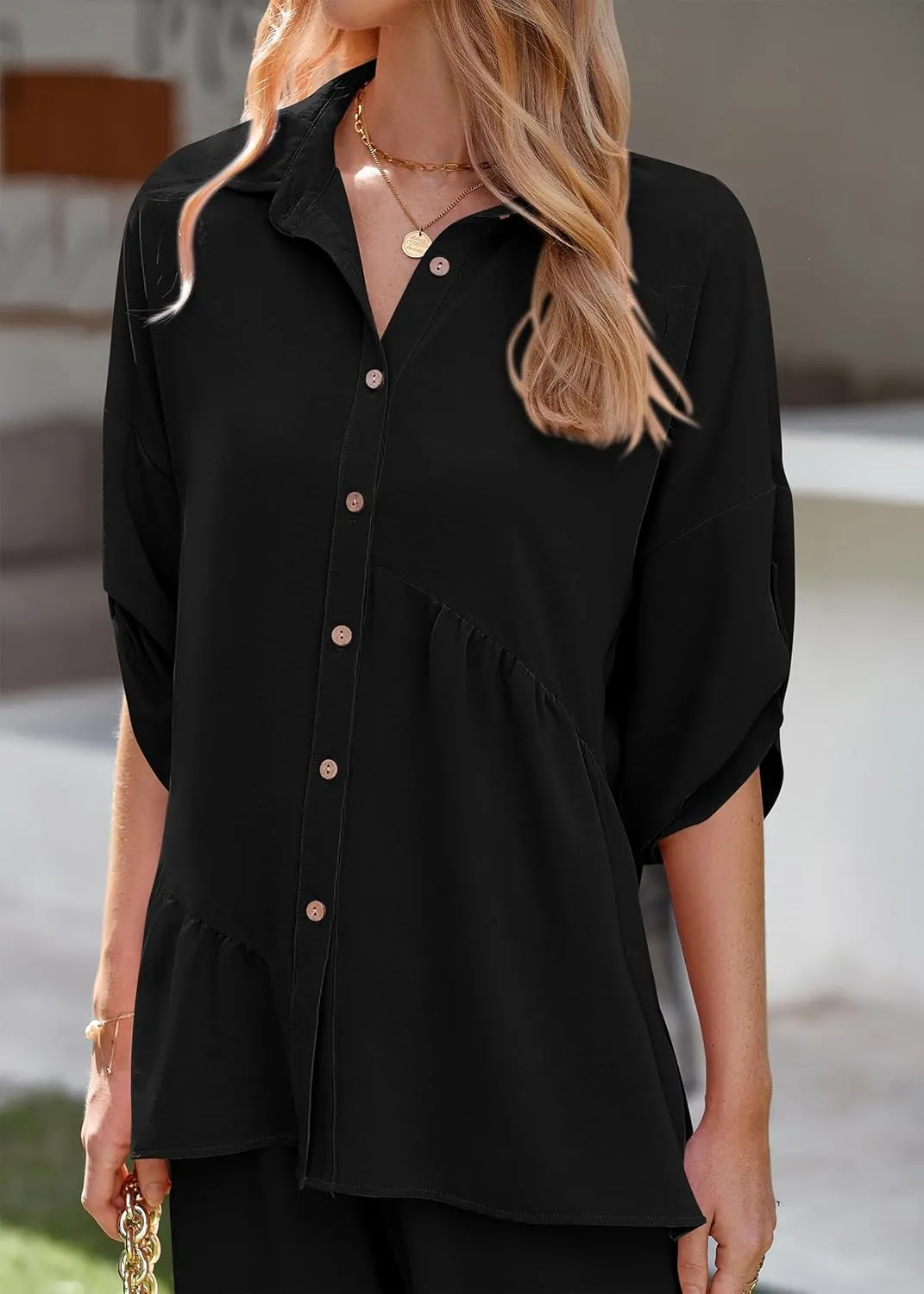 KIRUNDO Two Piece Sets for Women Summer Outfits 2025 Dressy Casual Half Sleeve Button Down Shirt Wide Leg Pants Lounge Set