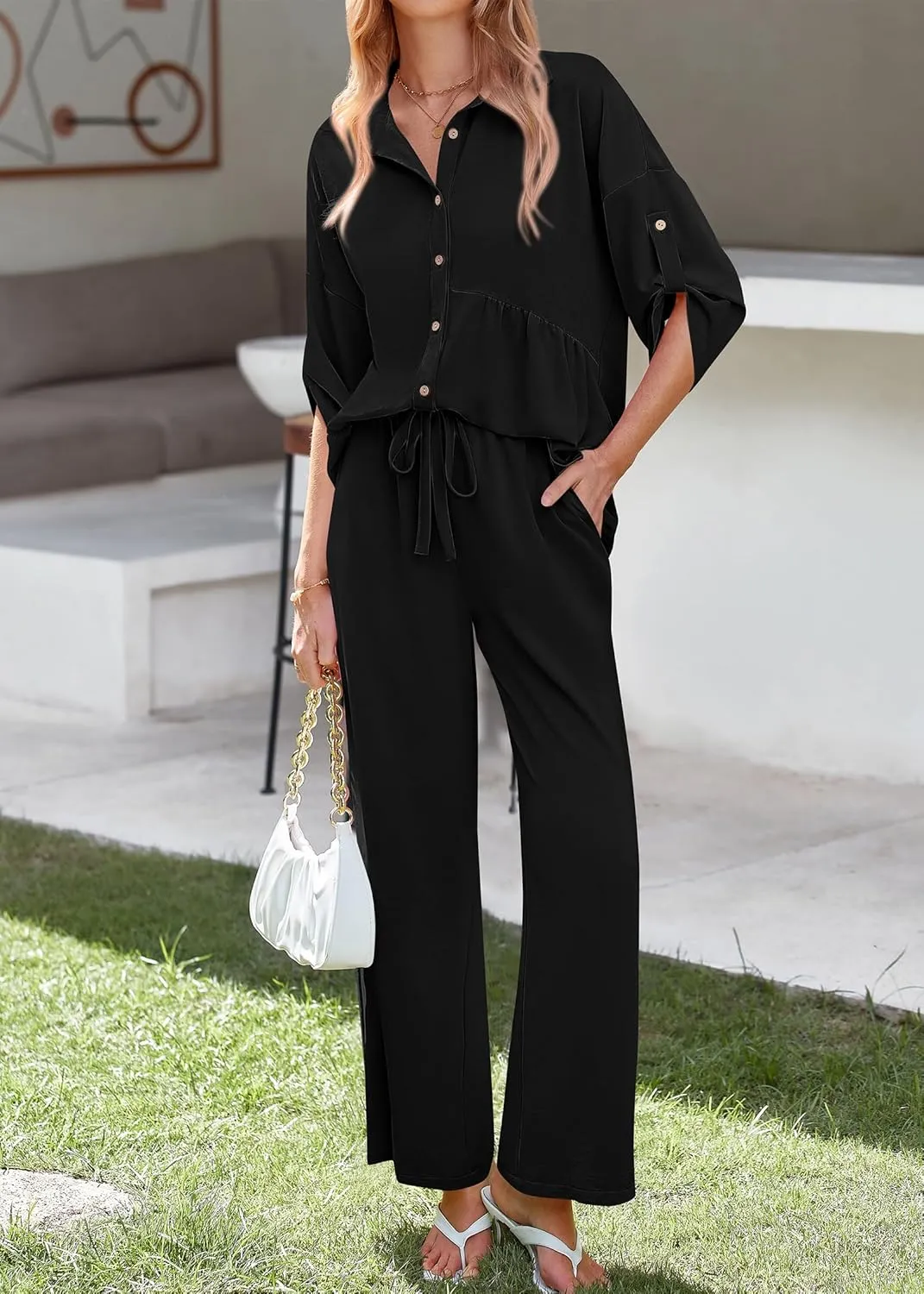 KIRUNDO Two Piece Sets for Women Summer Outfits 2025 Dressy Casual Half Sleeve Button Down Shirt Wide Leg Pants Lounge Set