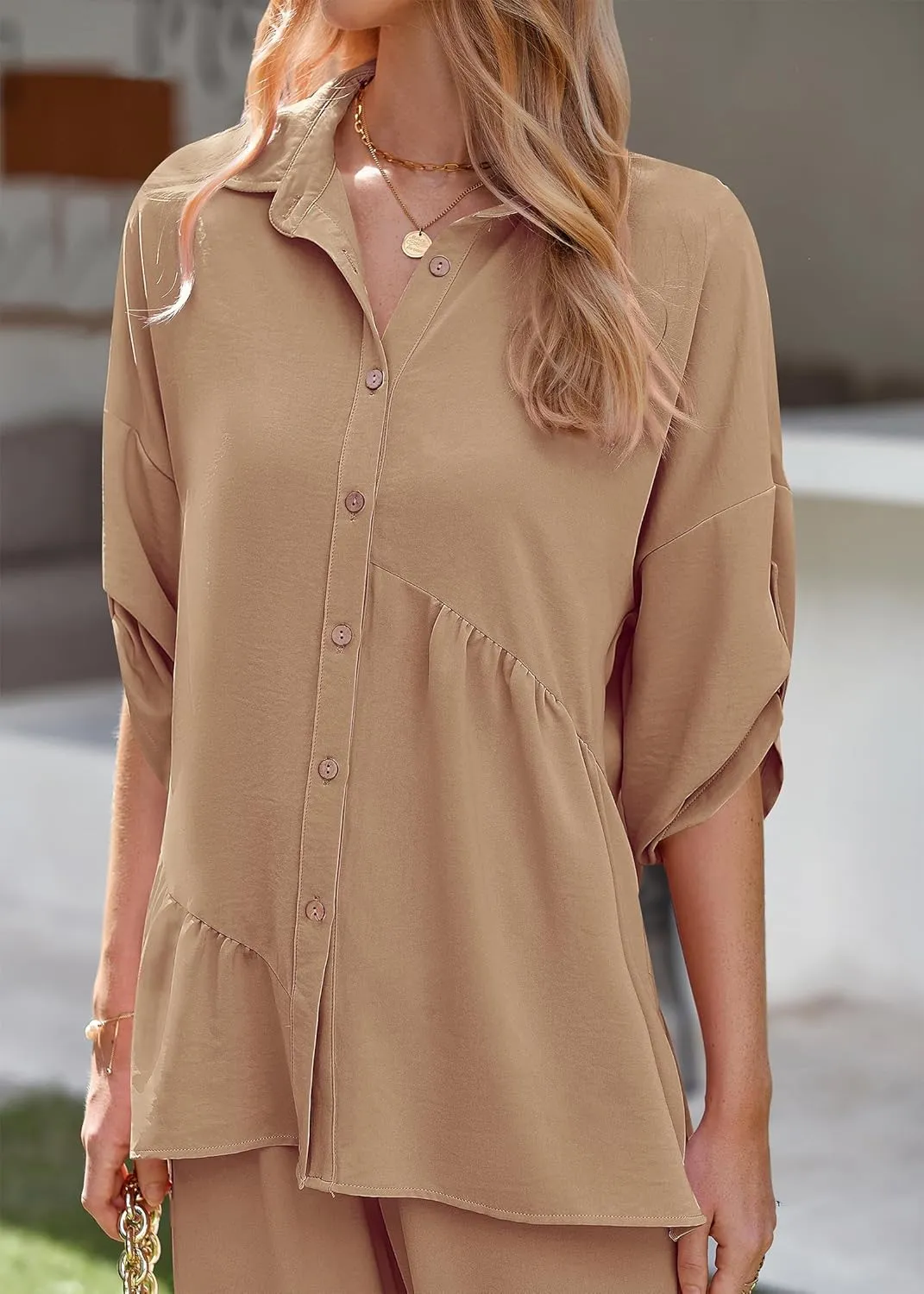 KIRUNDO Two Piece Sets for Women Summer Outfits 2025 Dressy Casual Half Sleeve Button Down Shirt Wide Leg Pants Lounge Set