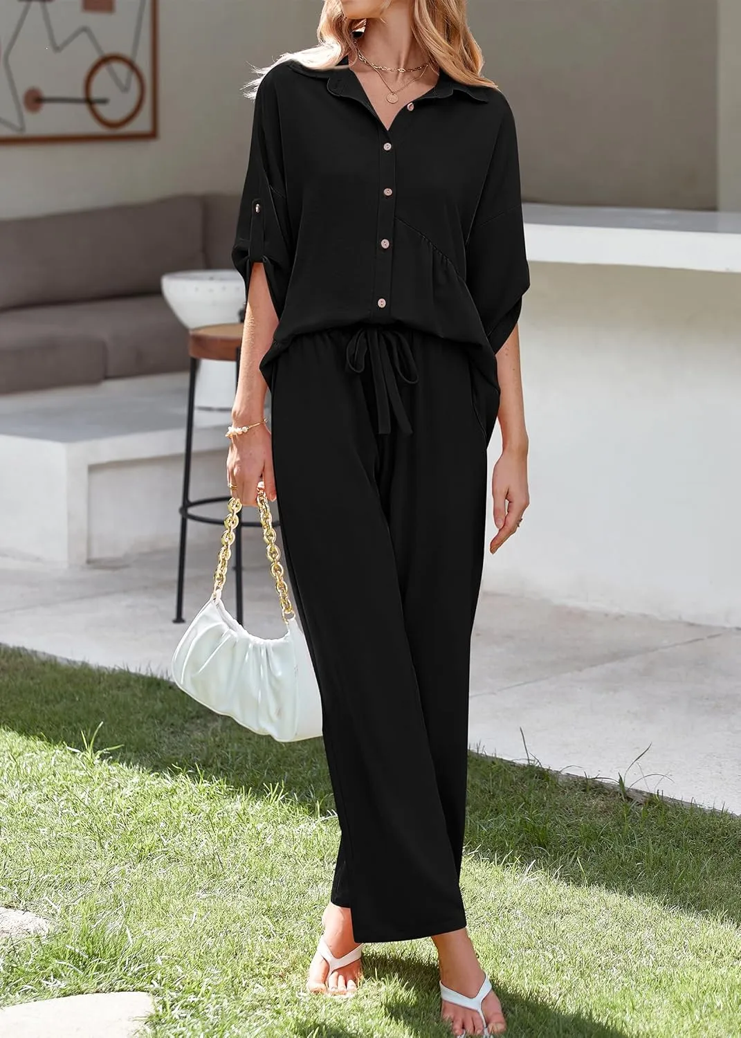 KIRUNDO Two Piece Sets for Women Summer Outfits 2025 Dressy Casual Half Sleeve Button Down Shirt Wide Leg Pants Lounge Set