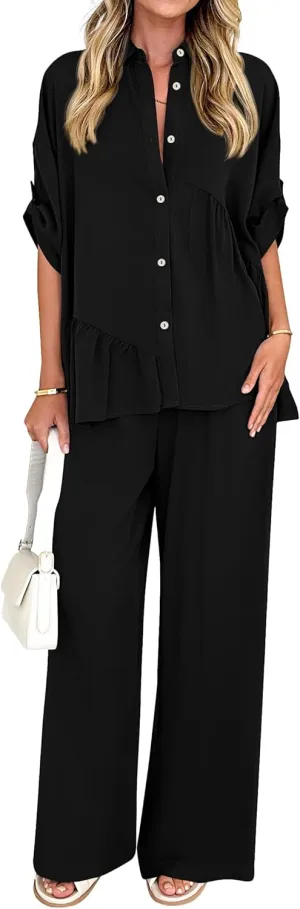 KIRUNDO Two Piece Sets for Women Summer Outfits 2025 Dressy Casual Half Sleeve Button Down Shirt Wide Leg Pants Lounge Set