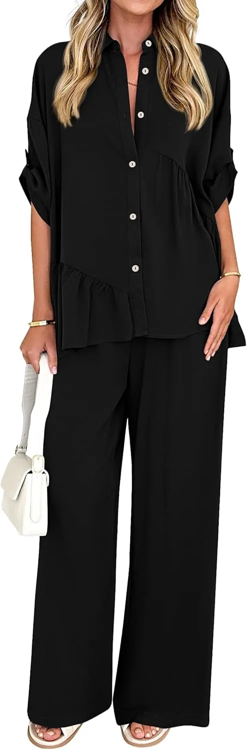 KIRUNDO Two Piece Sets for Women Summer Outfits 2025 Dressy Casual Half Sleeve Button Down Shirt Wide Leg Pants Lounge Set