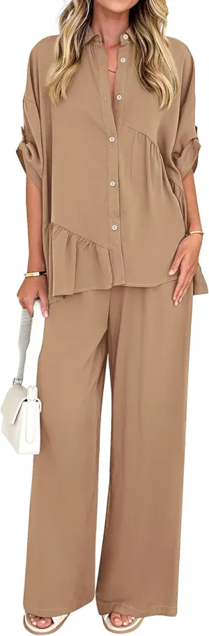 KIRUNDO Two Piece Sets for Women Summer Outfits 2025 Dressy Casual Half Sleeve Button Down Shirt Wide Leg Pants Lounge Set