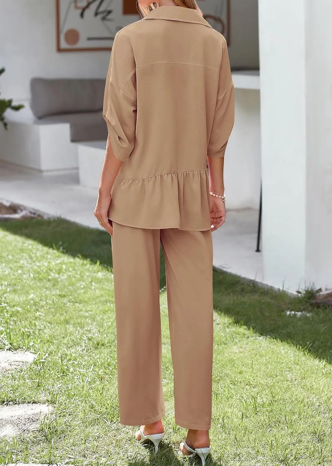 KIRUNDO Two Piece Sets for Women Summer Outfits 2025 Dressy Casual Half Sleeve Button Down Shirt Wide Leg Pants Lounge Set