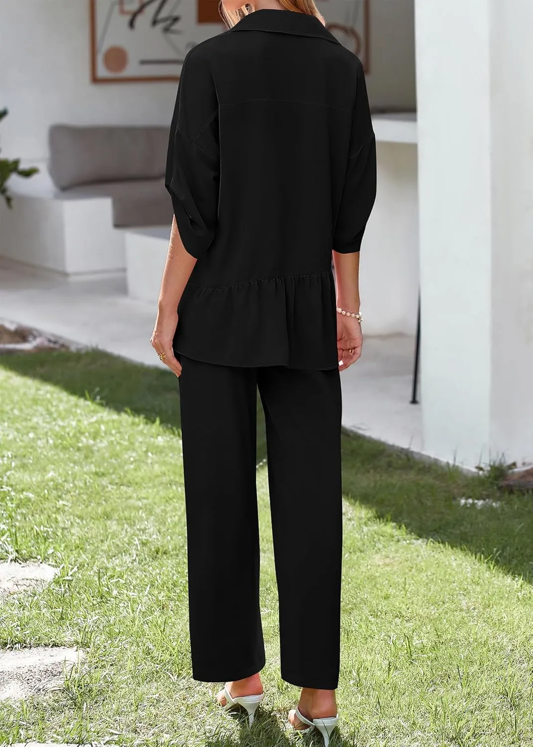 KIRUNDO Two Piece Sets for Women Summer Outfits 2025 Dressy Casual Half Sleeve Button Down Shirt Wide Leg Pants Lounge Set