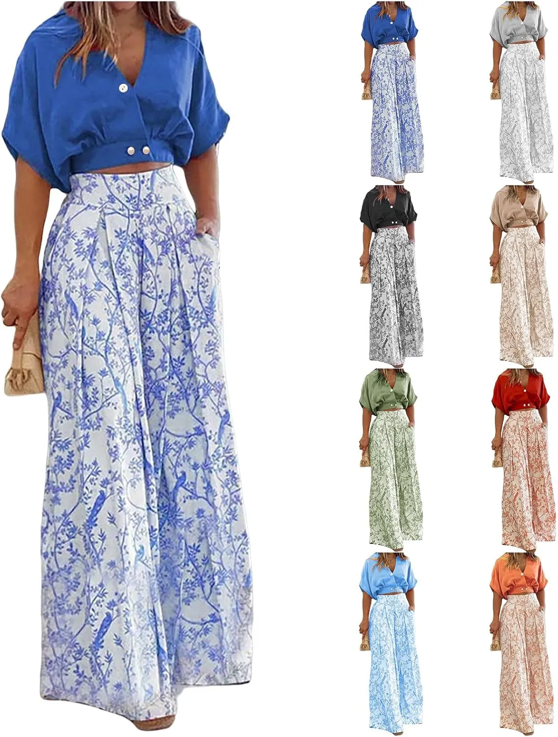 Kubbon Floral 2 Piece Outfit for Women Batwing Sleeve V Neck Crop Tops and Wide Leg Boho Pants Sets Vacation Outfits
