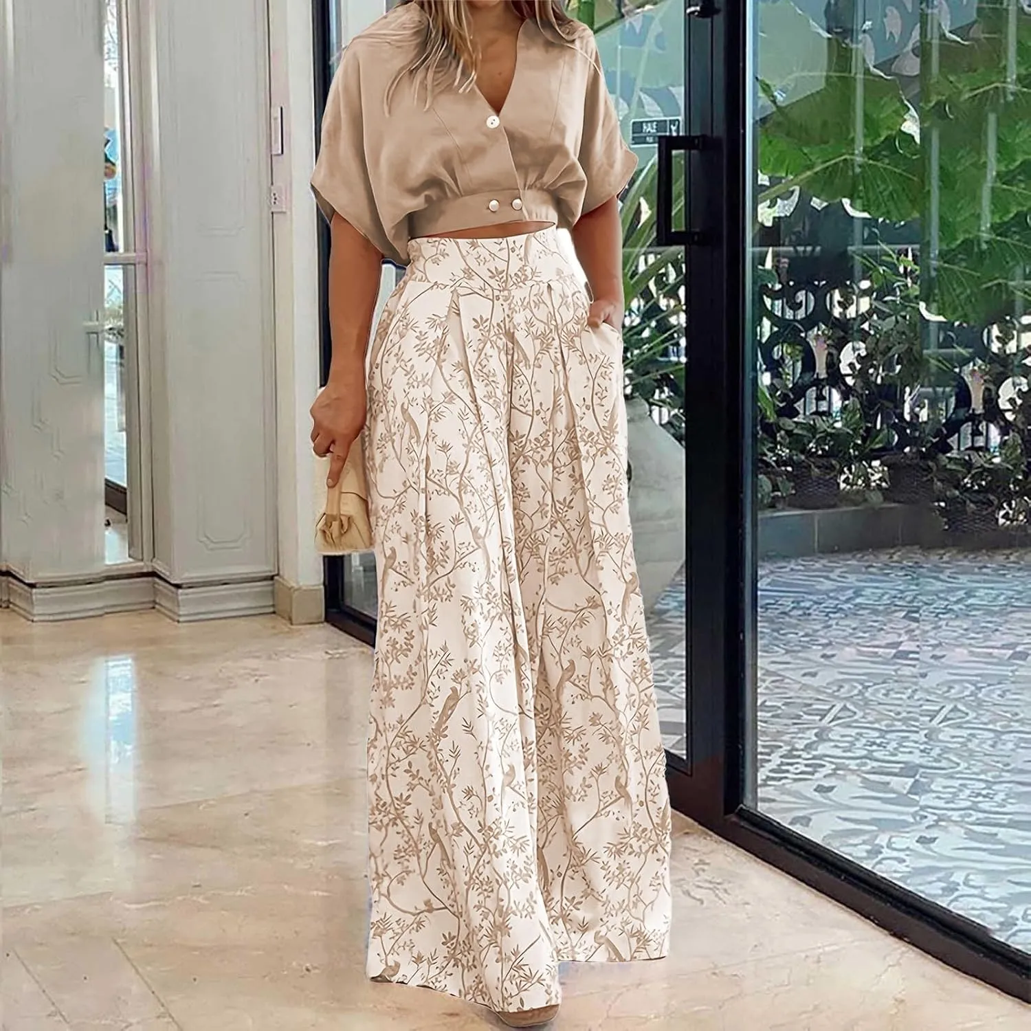 Kubbon Floral 2 Piece Outfit for Women Batwing Sleeve V Neck Crop Tops and Wide Leg Boho Pants Sets Vacation Outfits