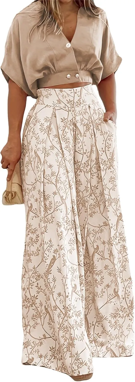Kubbon Floral 2 Piece Outfit for Women Batwing Sleeve V Neck Crop Tops and Wide Leg Boho Pants Sets Vacation Outfits