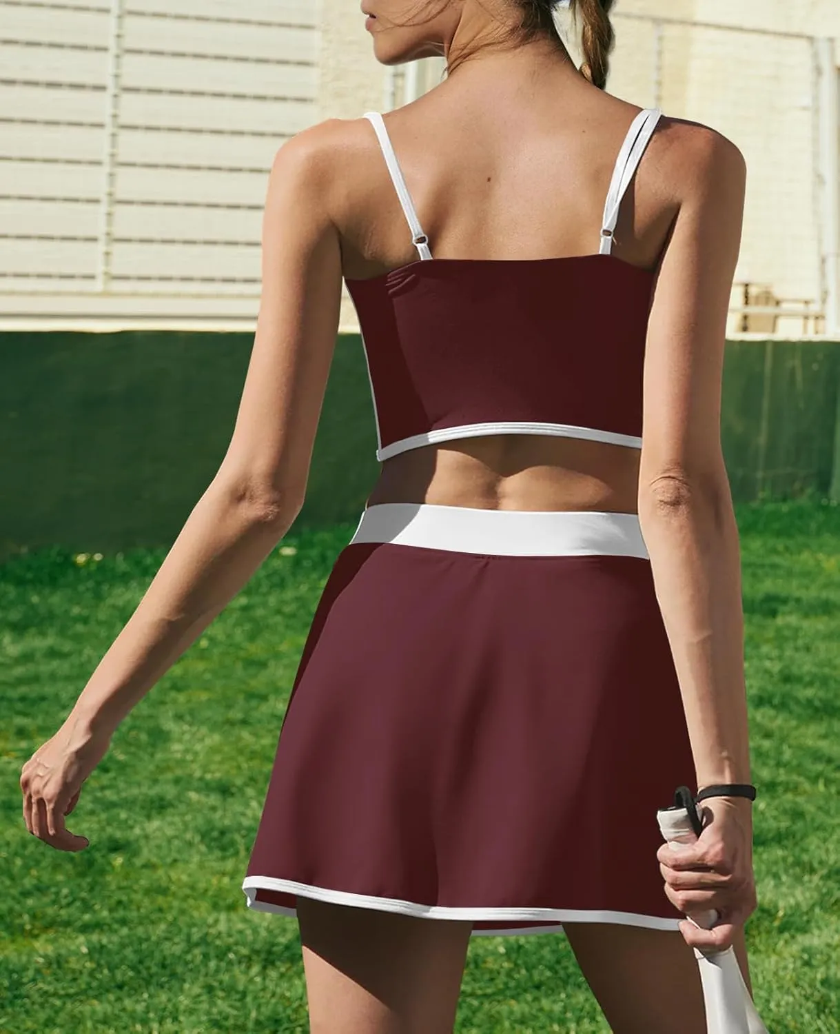 LAMISSCHE Tennis Skirt Sets Women 2 Piece Outfits Yoga Workout Set Skirt and Top Set with Built in Bra & Shorts