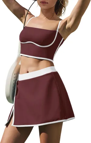 LAMISSCHE Tennis Skirt Sets Women 2 Piece Outfits Yoga Workout Set Skirt and Top Set with Built in Bra & Shorts