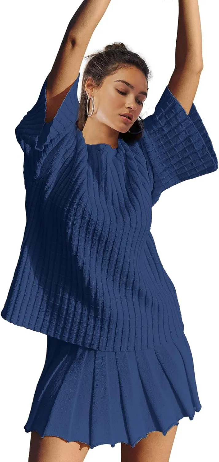 LAMISSCHE Womens Lounge Set Oversized 2 Piece Sweater Skirt Sets Long Sleeve Knit Top Pleated Skirts