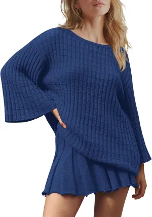 LAMISSCHE Womens Lounge Set Oversized 2 Piece Sweater Skirt Sets Long Sleeve Knit Top Pleated Skirts