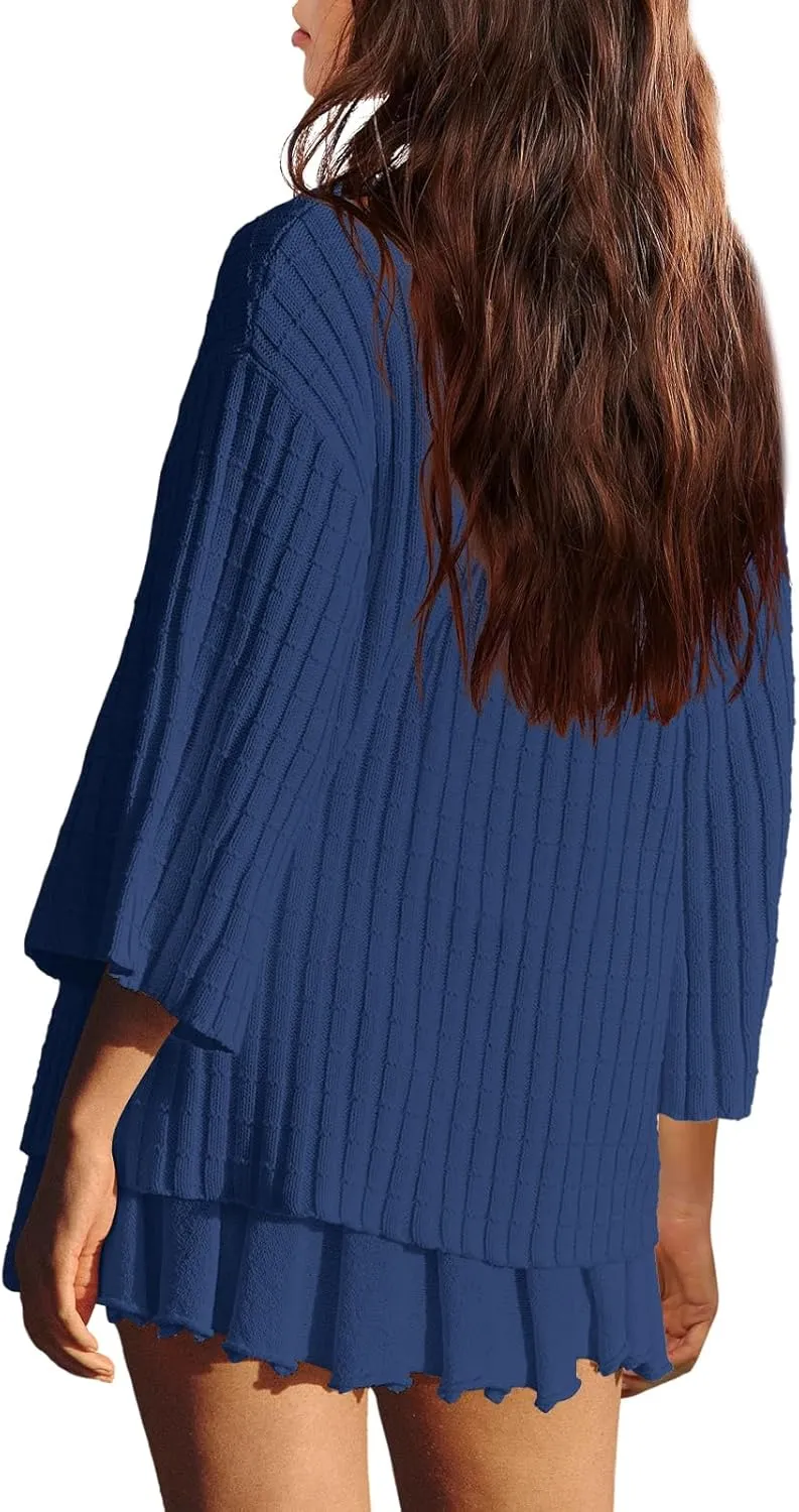 LAMISSCHE Womens Lounge Set Oversized 2 Piece Sweater Skirt Sets Long Sleeve Knit Top Pleated Skirts