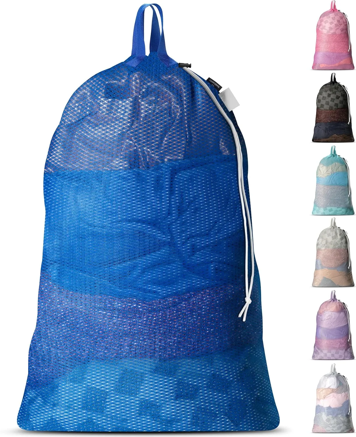 Large Mesh Laundry Bag - Carry Handles, Secure Drawstring Closure, Machine Washable, Spacious Storage, Durable Soft Mesh Net Material, College Dorm, Camp, Laundromat. (Blue)