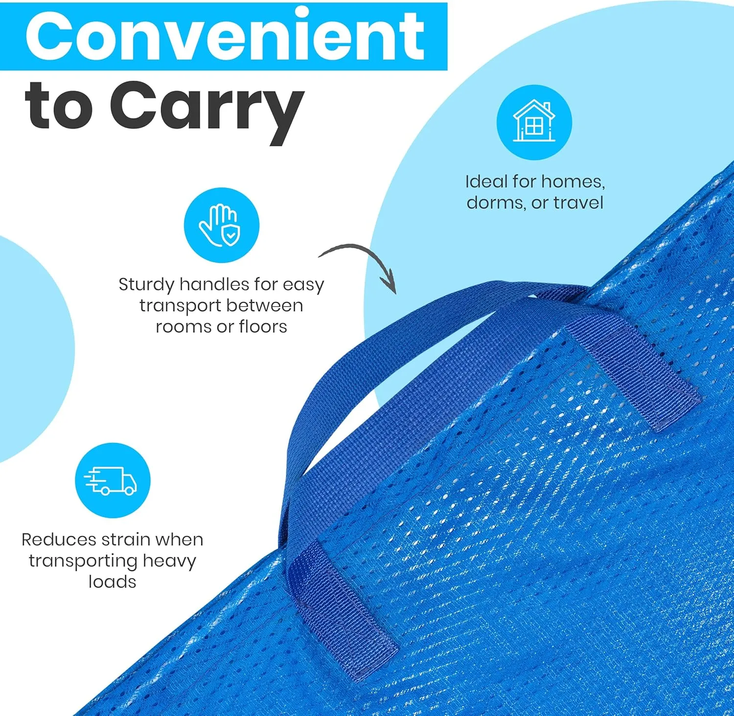 Large Mesh Laundry Bag - Carry Handles, Secure Drawstring Closure, Machine Washable, Spacious Storage, Durable Soft Mesh Net Material, College Dorm, Camp, Laundromat. (Blue)