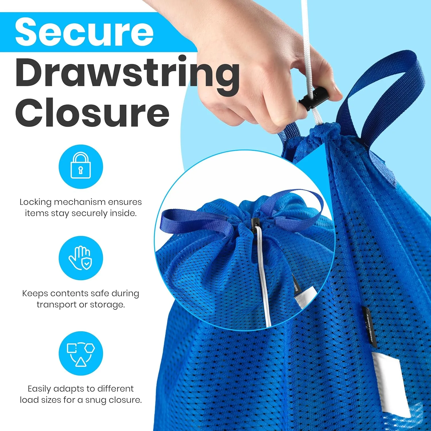 Large Mesh Laundry Bag - Carry Handles, Secure Drawstring Closure, Machine Washable, Spacious Storage, Durable Soft Mesh Net Material, College Dorm, Camp, Laundromat. (Blue)