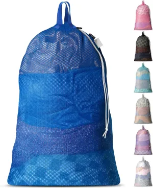 Large Mesh Laundry Bag - Carry Handles, Secure Drawstring Closure, Machine Washable, Spacious Storage, Durable Soft Mesh Net Material, College Dorm, Camp, Laundromat. (Blue)