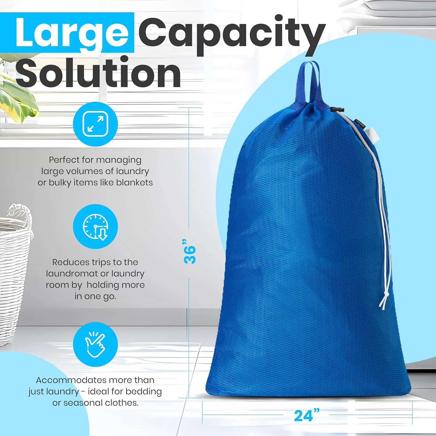 Large Mesh Laundry Bag - Carry Handles, Secure Drawstring Closure, Machine Washable, Spacious Storage, Durable Soft Mesh Net Material, College Dorm, Camp, Laundromat. (Blue)