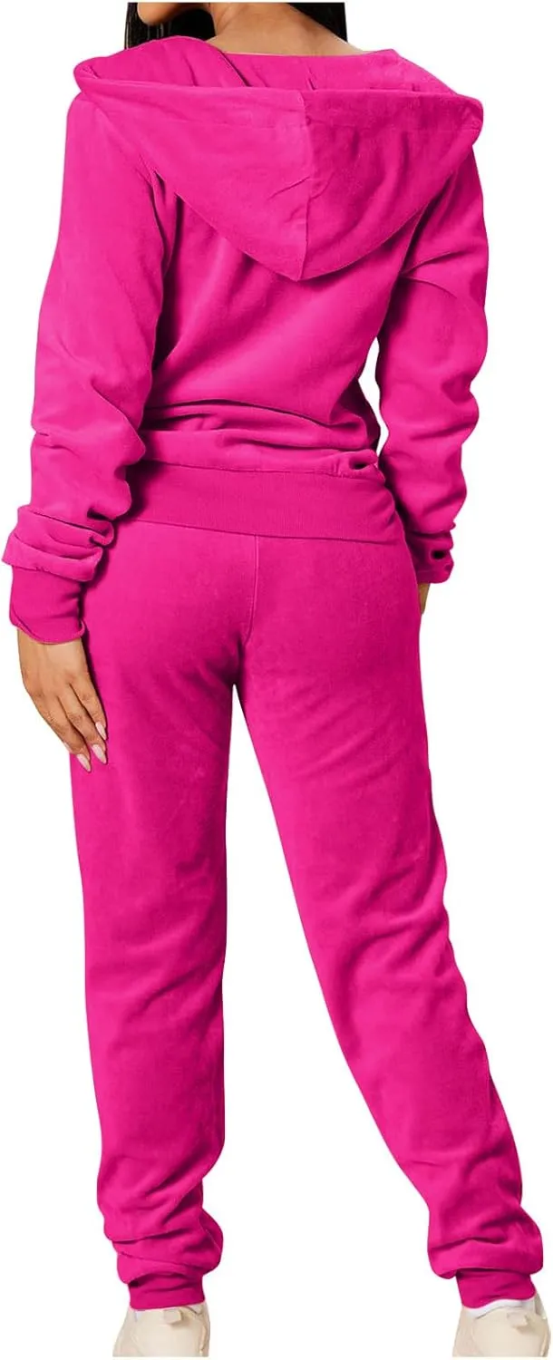 Lastesso Velour Tracksuit Womens Solid Color 2 Piece Tracksuit Zip Up Long Sleeve Tops Long Sweatpants Outfits Lounge Sets
