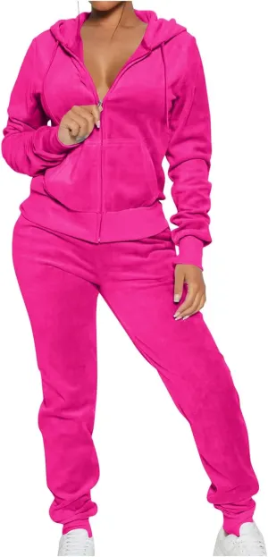 Lastesso Velour Tracksuit Womens Solid Color 2 Piece Tracksuit Zip Up Long Sleeve Tops Long Sweatpants Outfits Lounge Sets