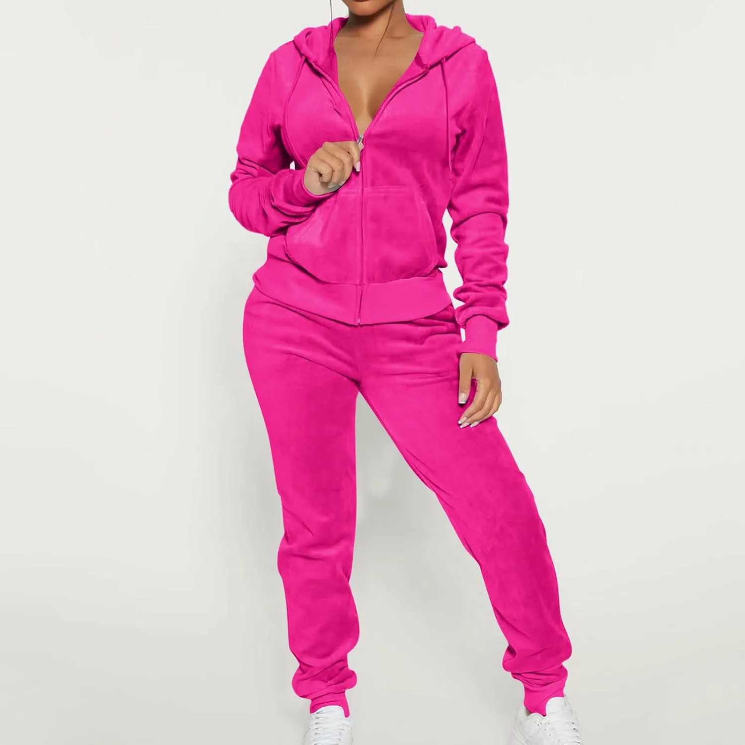 Lastesso Velour Tracksuit Womens Solid Color 2 Piece Tracksuit Zip Up Long Sleeve Tops Long Sweatpants Outfits Lounge Sets