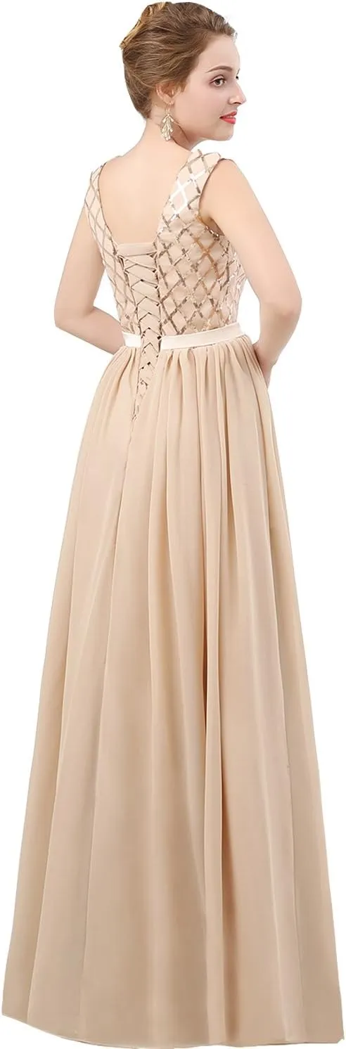 Lemai V Neck Long Sequined Chiffon A Line Corset Prom Evening Dresses