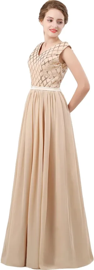 Lemai V Neck Long Sequined Chiffon A Line Corset Prom Evening Dresses