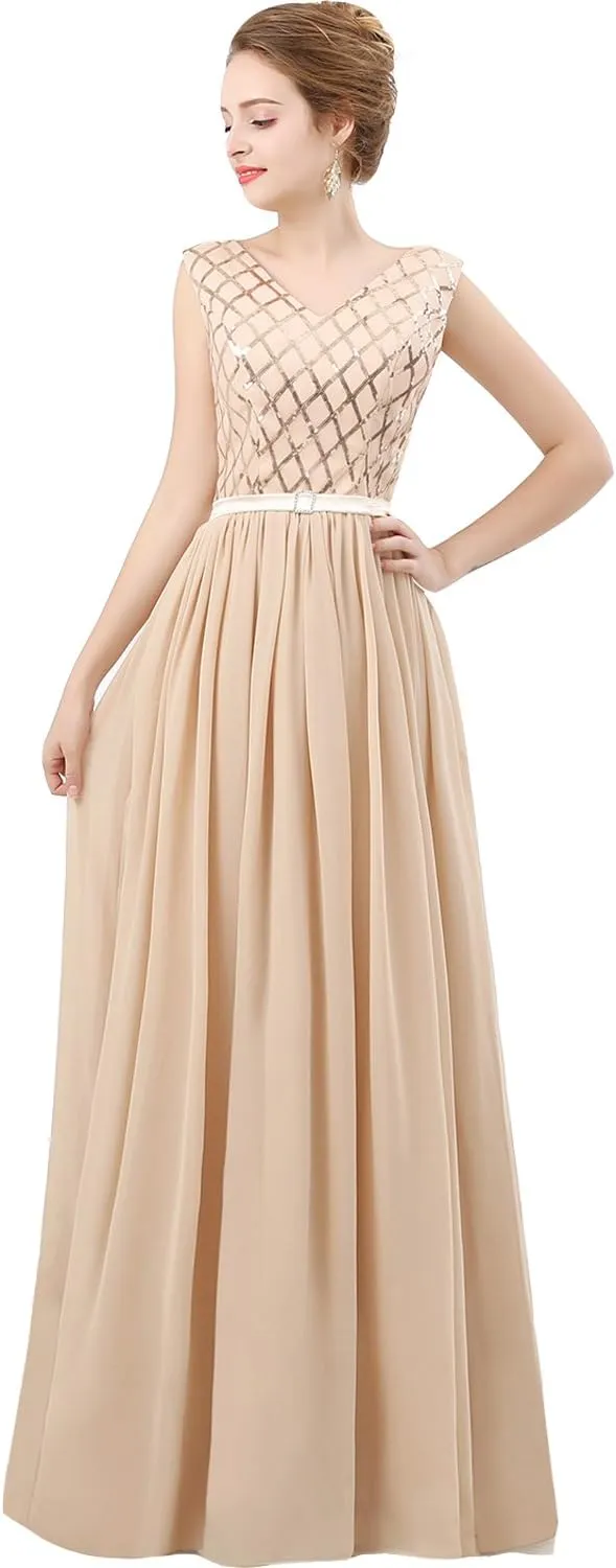 Lemai V Neck Long Sequined Chiffon A Line Corset Prom Evening Dresses