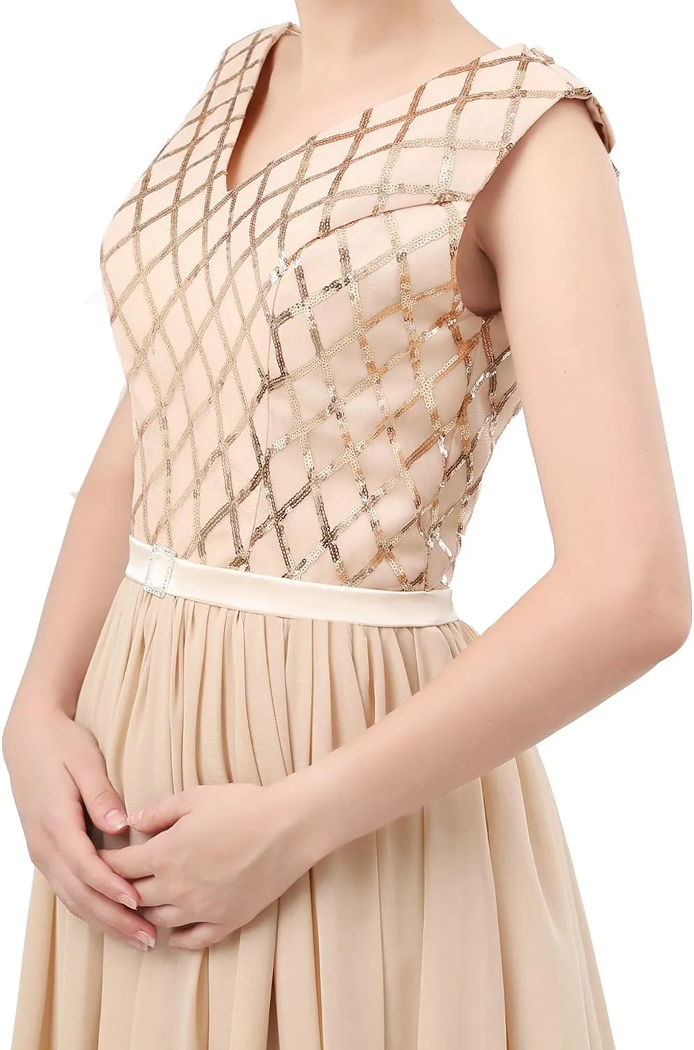 Lemai V Neck Long Sequined Chiffon A Line Corset Prom Evening Dresses
