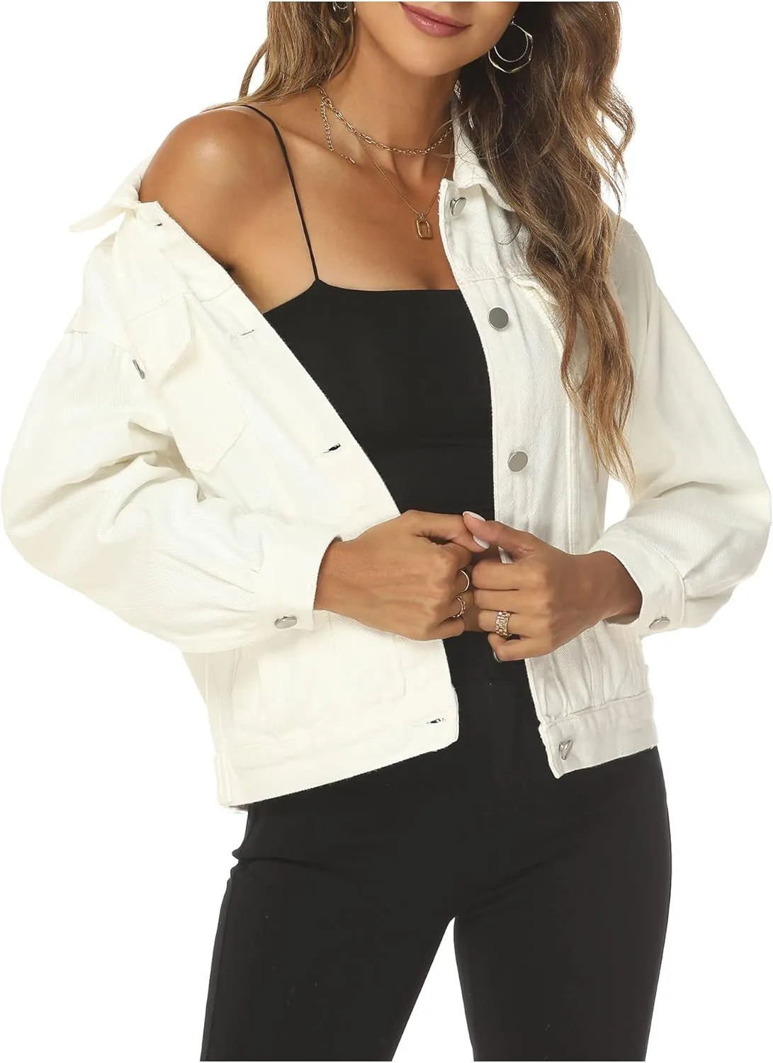 LifeShe Women's Basic Button Down Denim Jean Jacket Coat