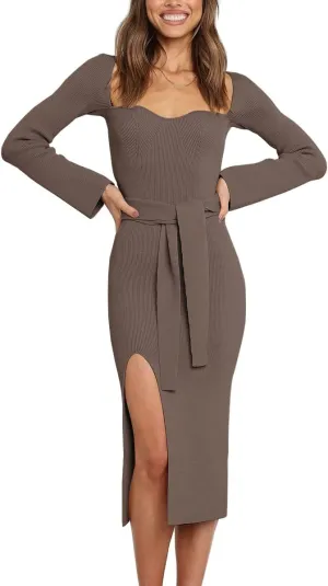 LILLUSORY Women's Sweetheart Neckline Midi Dress Long Sleeve Ribbed Knit Sweater Outfits with Slit and Belt 2024 Spring