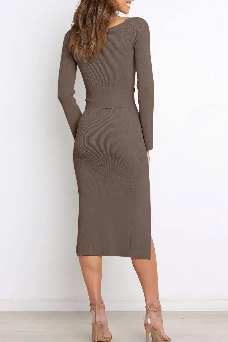 LILLUSORY Women's Sweetheart Neckline Midi Dress Long Sleeve Ribbed Knit Sweater Outfits with Slit and Belt 2024 Spring