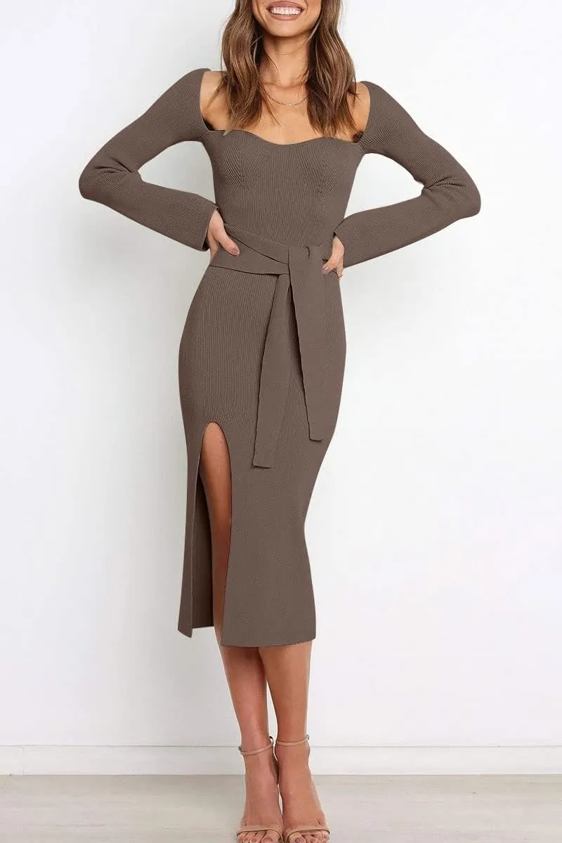 LILLUSORY Women's Sweetheart Neckline Midi Dress Long Sleeve Ribbed Knit Sweater Outfits with Slit and Belt 2024 Spring