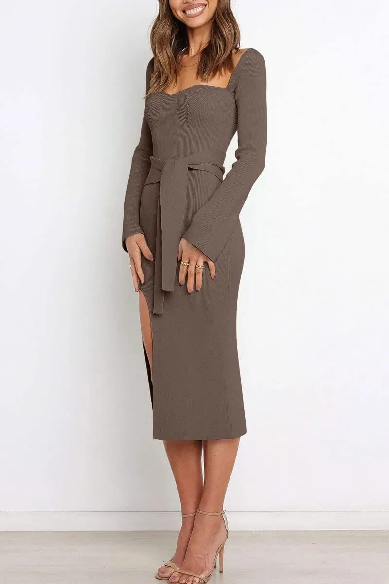 LILLUSORY Women's Sweetheart Neckline Midi Dress Long Sleeve Ribbed Knit Sweater Outfits with Slit and Belt 2024 Spring